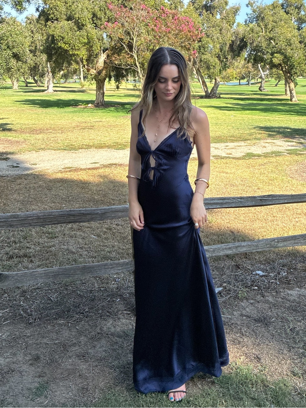Navy Satin Tie-Front Maxi Dress